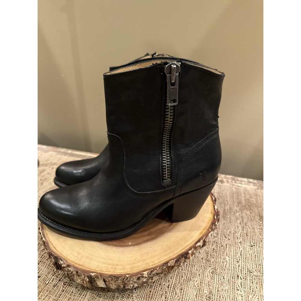 Frye Womens Boots 8.5 Leslie Zip Block Heel Black Leather Western Moto Bootie